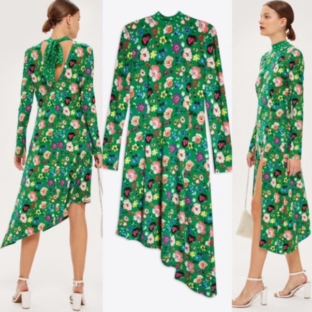 TopShop Floral Green Floral Long Sleeve Dress | Mock Neck | Tie Back | cocktail